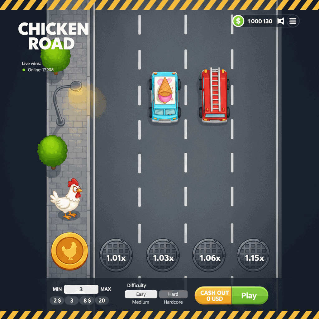 Chicken Road gioco crash di InOut - gallina cartoon bianca che attraversa una strada a più corsie vista dall'alto con indicatori di moltiplicatore su ciascuna corsia, grafica arcade colorata in stile retrò anni ottanta con ambiente urbano